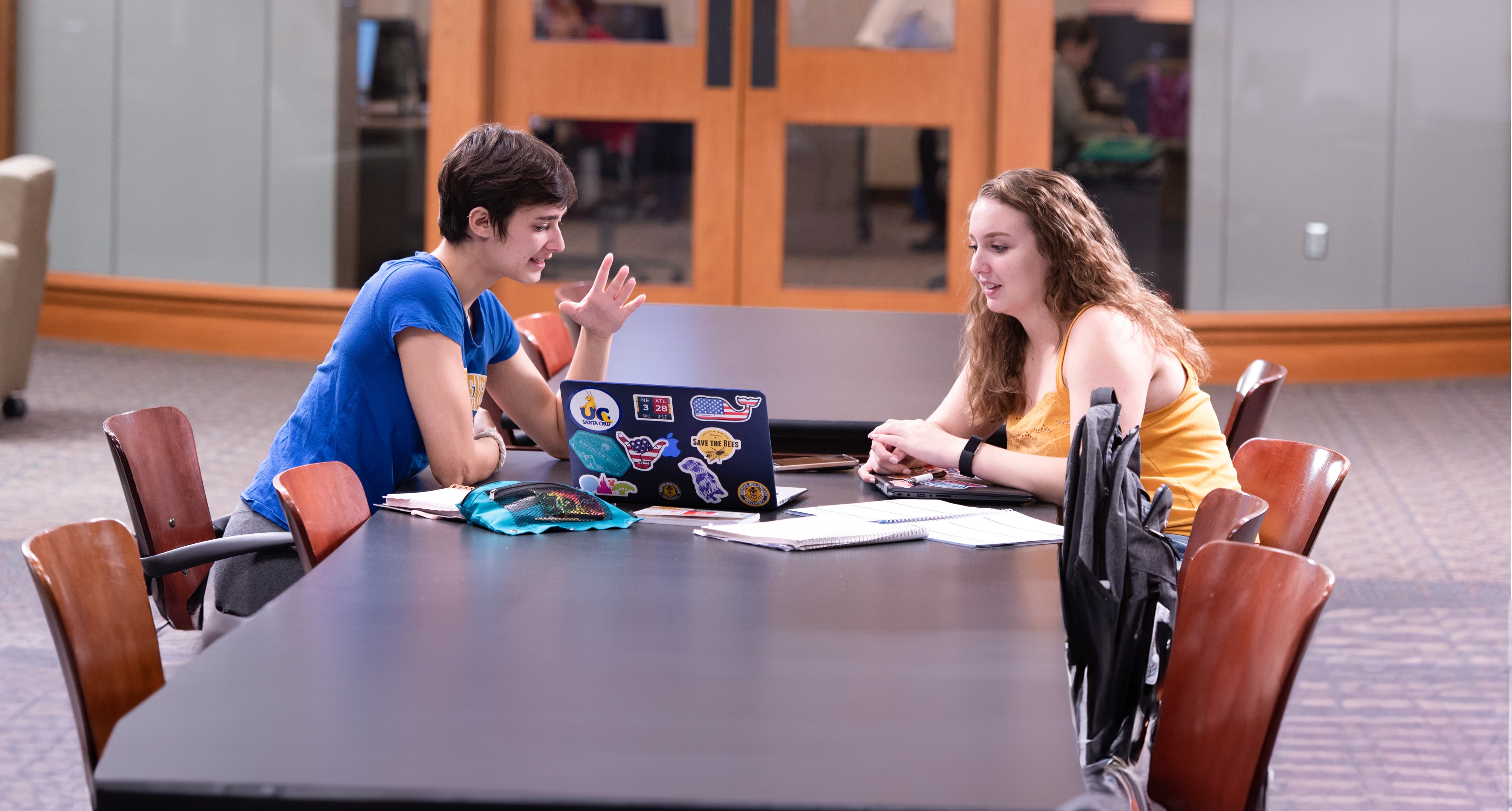 Two female students sitting at table doing homework