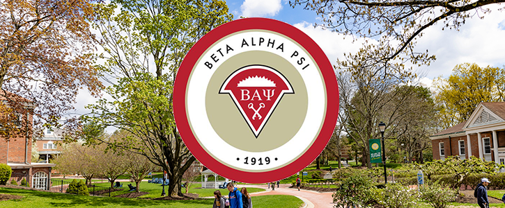 Beta Alpha Psi logo over a photo of ǿ޴ý Campus